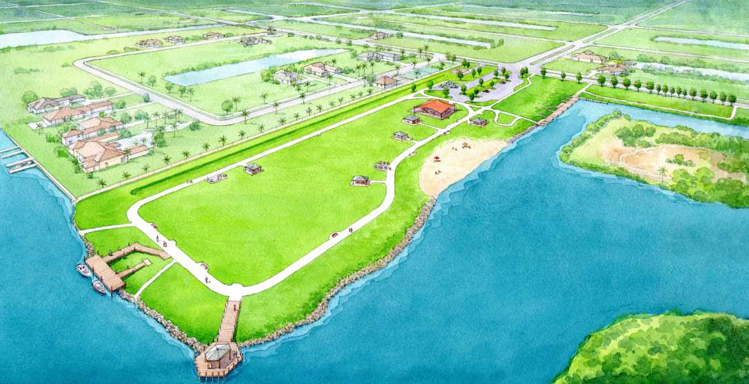 Color drawing of tropicana park plan, showing an aerial view of the park, including amenities, with the lake surrounding